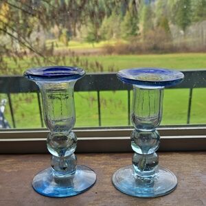 Mexican Blown Blue And Clear Glass Candlestick Holders